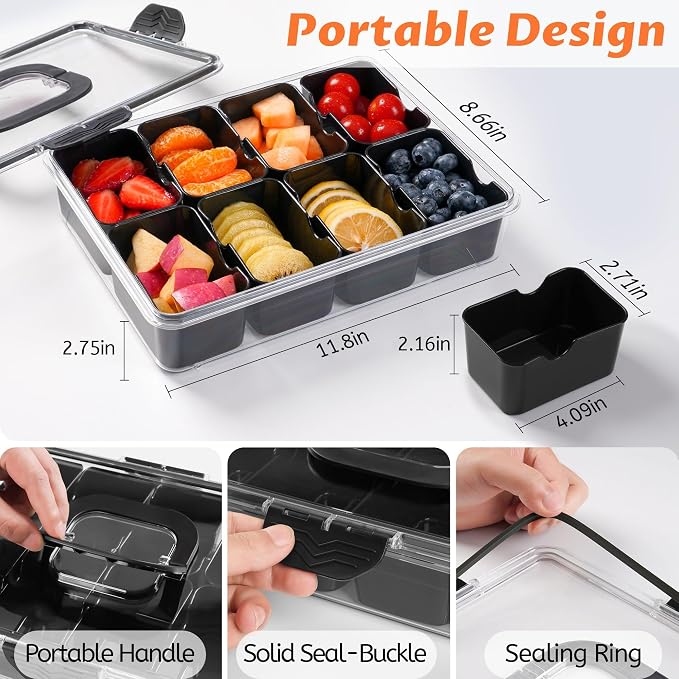 Snackle Box Container Dishwasher Safe Divided Serving Tray with Lid Handle | Charcuterie Board for Portable Snack Platters, Organizer for Fruits Snacks, Perfect for Road Travel - Black
