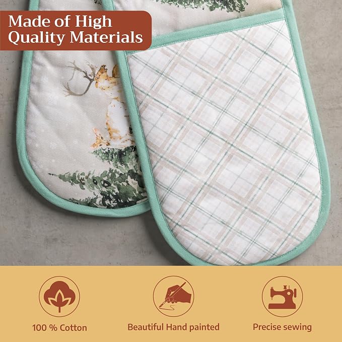 Maison d' Hermine Double Oven Mitts 100% Cotton Double Oven Glove (7"x35") | Heat Resistant BBQ Cooking Gloves with Loop Baking Kitchen Home Hotel Farmhouse Thanksgiving Christmas - Deer In The Woods