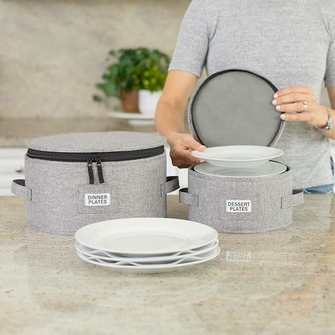 China Storage Case for Bowls or Dessert Plates - Fit plates up to 8" W - Includes 12 Felt Dividers - Hard Shell and Stackable with Fully Padded Interior