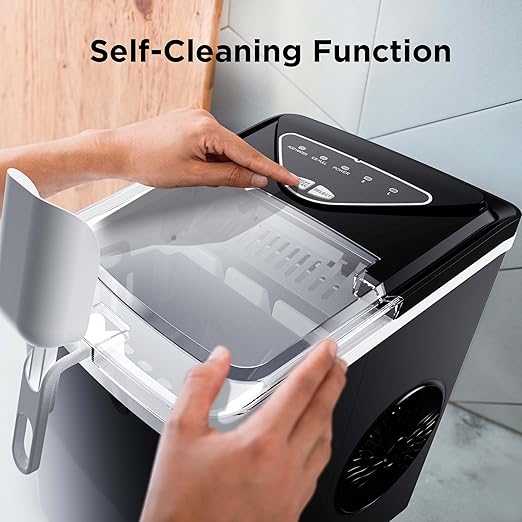 Silonn Countertop Ice Maker, 9 Ice Cubes in 6 Mins, 26 Lbs in 24 Hrs, Compact Ice Machine with Ice Basket & Scoop, 2 Ice Sizes, Self-Cleaning Ice Maker for Home/Party/Office/Bar/Dorm, Black
