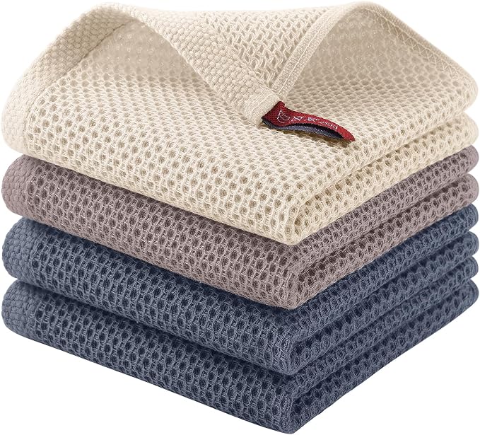 Homaxy 100% Cotton Waffle Weave Kitchen Dish Cloths, 4-Pack, Mixed Color | 12 x 12 Inches, Ultra Soft Absorbent Dish Towels, Quick Drying Dish Rags with Hanging Loop
