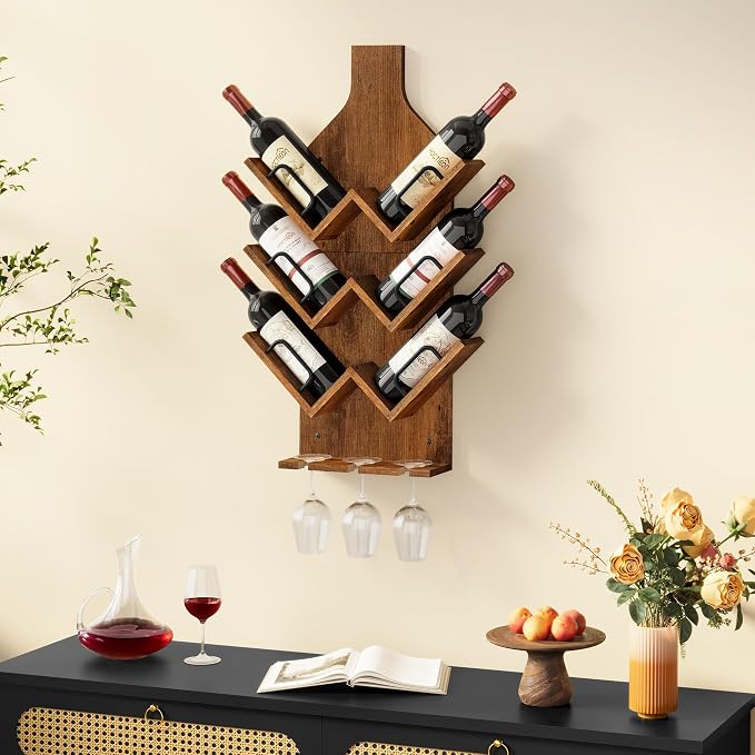 Hoctieon Wine Rack Wall Mounted, 6 Bottles Wood Wine Rack for Display and Storage, Hanging Bottle Holder Bar Shelves for Living Room, Kitchen, Dining Room, Wine Cellar, Rustic Brown
