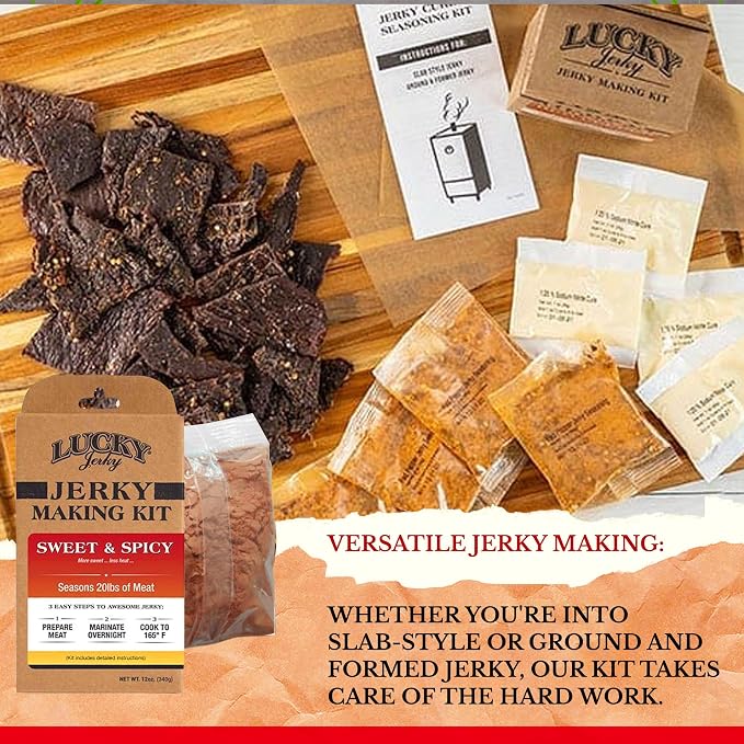 Lucky Jerky Sweet & Spicy DIY Beef Jerky Seasoning and Cure Kit, 12 Oz | Make Your Own Sweet & Spicy Beef Jerky at Home, Brown Sugar and Red Pepper Heat, Seasons 20 lbs of Meat