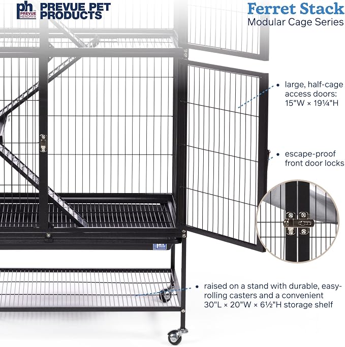 Prevue Pet Products Ferret Stack Two Story Ferret Home - Portable Stand, Escape Proof Lock, Includes Hammock & Ramps, Expandable Two Story Cage Stacking System with Wheels - Black