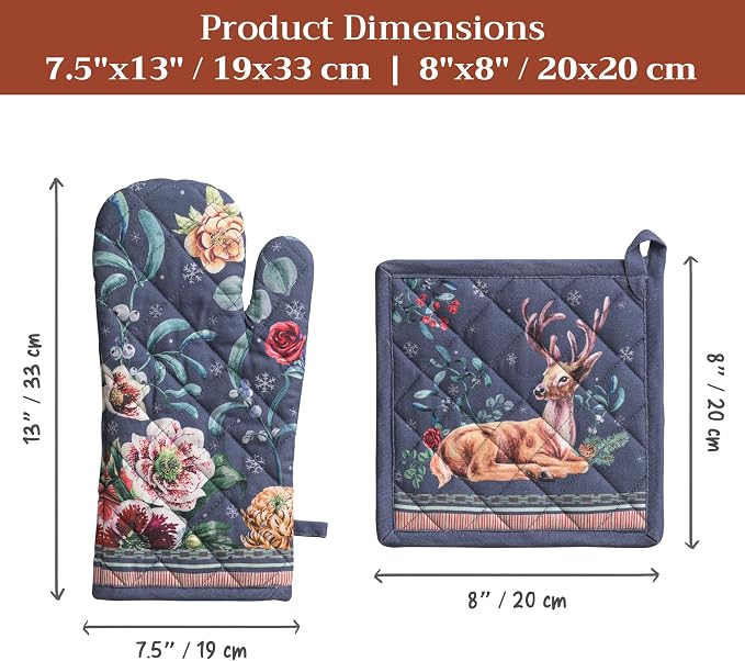 Maison d' Hermine 100% Cotton Oven Mitt & Pot Holder Set (7.5"x13" & 8"x8") | Heat Resistant BBQ Cooking Gloves with Loop Baking Grilling Kitchen Home Farmhouse Thanksgiving Christmas - Christmas Joy
