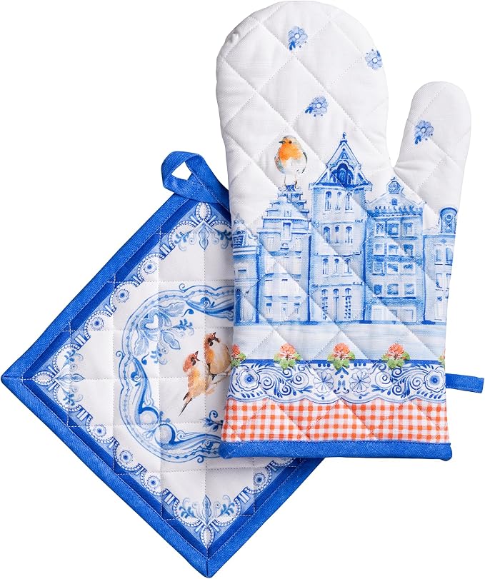 Maison d' Hermine 100% Cotton Oven Mitt & Pot Holder Set (7.5"x13" & 8"x8") | Heat Resistant BBQ Cooking Gloves with Loop Baking Grilling Kitchen Hotel Home Farmhouse Spring Summer - Amsterdam Canals