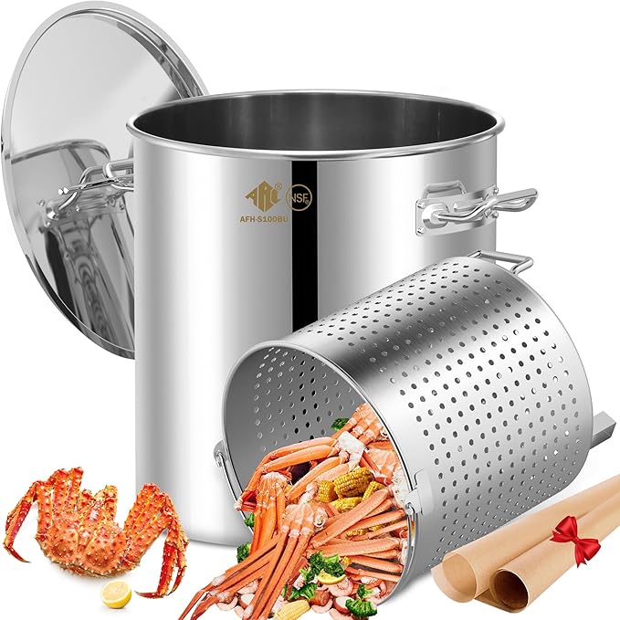 ARC 100 QT Large Crawfish Seafood Boil Pot with Basket and 2 Brown-paper Table Covers, Stainless Steel Stock Pot with Strainer, Outdoor Cooking Pot for Lobster, Crab, and Shrimp, 24 Gallon Pot