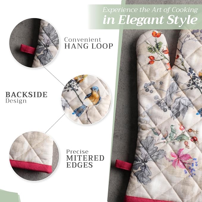 Maison d' Hermine 100% Cotton Oven Mitt & Pot Holder Set (7.5"x13" & 8"x8") | Heat Resistant BBQ Cooking Gloves with Loop Baking Kitchen Hotel Home Farmhouse Thanksgiving Christmas - Equinoxe - Beige