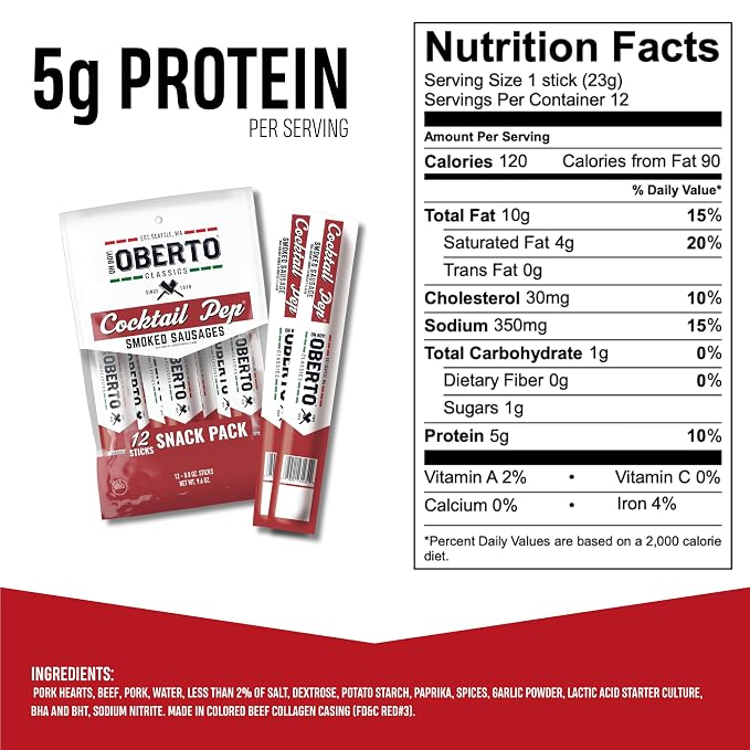 Oberto Classics Cocktail Pep Smoked Sausage, Oh Boy! Oberto Beef & Pork Sausage Meat Stick, Peperoni Style Protein Snacks, 0.8 Ounce (Pack of 12)