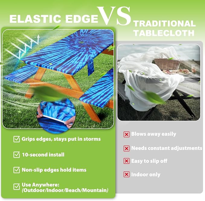 Fitted Picnic Table Cover with Bench Covers Vinyl Waterproof Elastic Edges Fitted Rectangle Tables Patio Tablecloth Camping Gear and Essentials Rv Accessories Road Trip Supplies Car Travel Must Haves