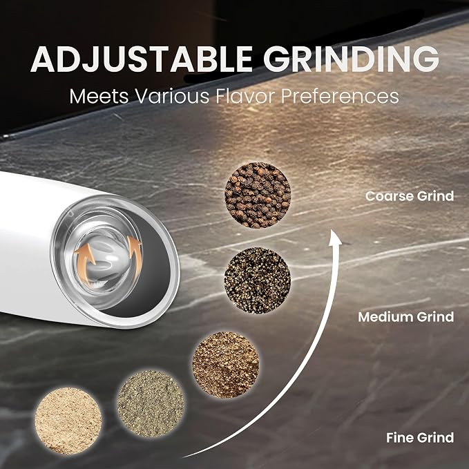 Battery Operated Salt And Pepper Grinder Set with LED Light, Automatic Electric Gravity Salt And Pepper Shakers Set, Each 6 AAA Batteries Needed, Adjustable Roughness, 2 Pack (White)