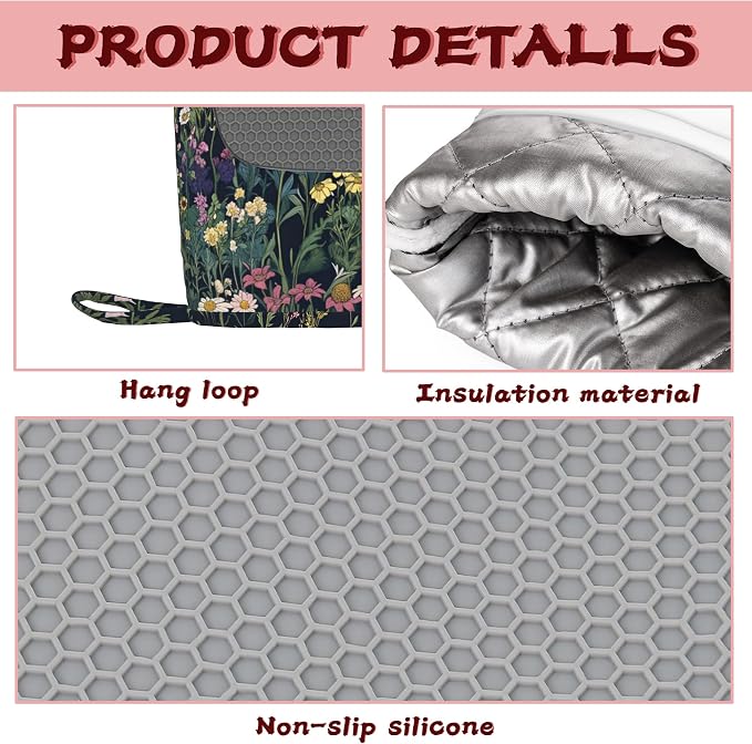 Wildflower Spring Floral Garden Flowers Oven Mitts and Pot Holders (4PCS),Heat Resistant Non-Slip Silicone Kitchen Gloves for Cooking, Baking, BBQ Waterproof Kitchen Accessories