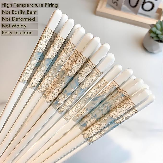 Ceramic Chopsticks Reusable,Porcelain Chop Sticks,Mirage Jubilee,9.7'' | Easy to Clean,Dishwasher Safe,Heat Resistant,5 Pairs,with a Gift case,Cooking Chopsticks,High-grade Bone China Porcelain