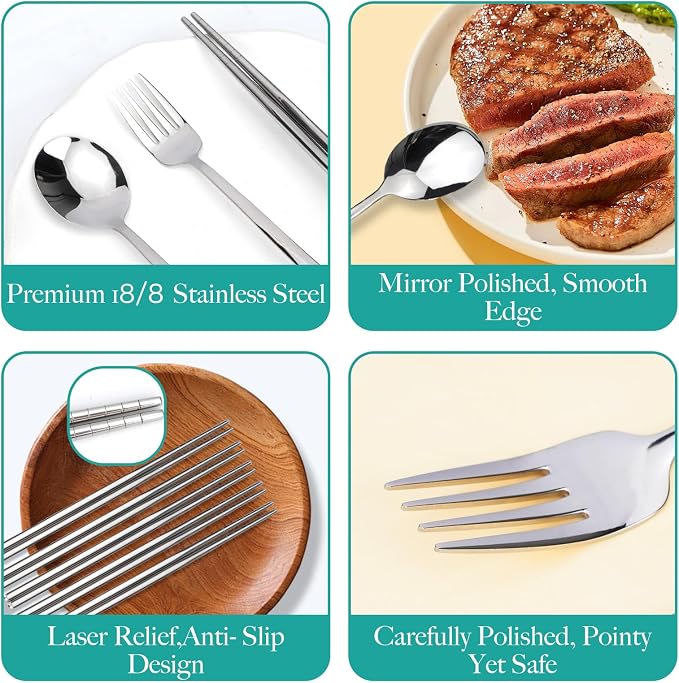 Reusable Travel Utensils with Case, Portable Cutlery for Work | Cute Silverware Set for Lunch Box, Stainless Steel Spoon Fork Chopsticks for Camping, Picnic, Food-Grade, Dishwasher Safe