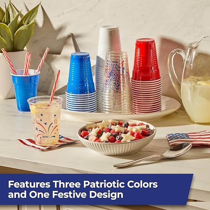 Hefty Party On Disposable Party Cups, Patriotic Color Pack, 76ct | American Themed Assortment, 16oz Red White and Blue and 18oz Festive Clear Cups, Great for Summer and July 4th Celebrations
