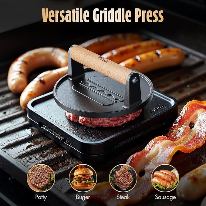 Pisol Pre-Seasoned Cast Iron Smash Burger Press, 2 lb Meat Press Tool 6.6” | Rustproof, Pre-Seasoned, Flat Bottom, Round, Wooden Handle, Dishwasher Safe, No Stick, Easy to Clean, 6.6'' Wide, 2lb