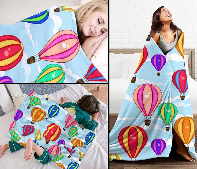 Hot Air Balloon Blanket 50x60 Inches - Flannel Fleece Throw Blankets for Adults - Soft Cartoon Cloud & Balloon Design - Cozy Lightweight Blanket for Couch, Office & Reading Nook - Home Decor Gift