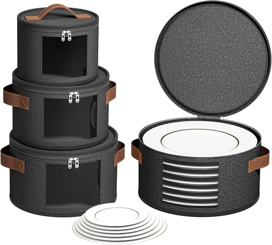 4-Piece Set China Storage Containers, Dish Storage with Clear Windows, Hard Shell Plate Storage Containers with Handles, Stackable Sturdy Dish Packing Supplies for Moving & Protection, Dark Gray