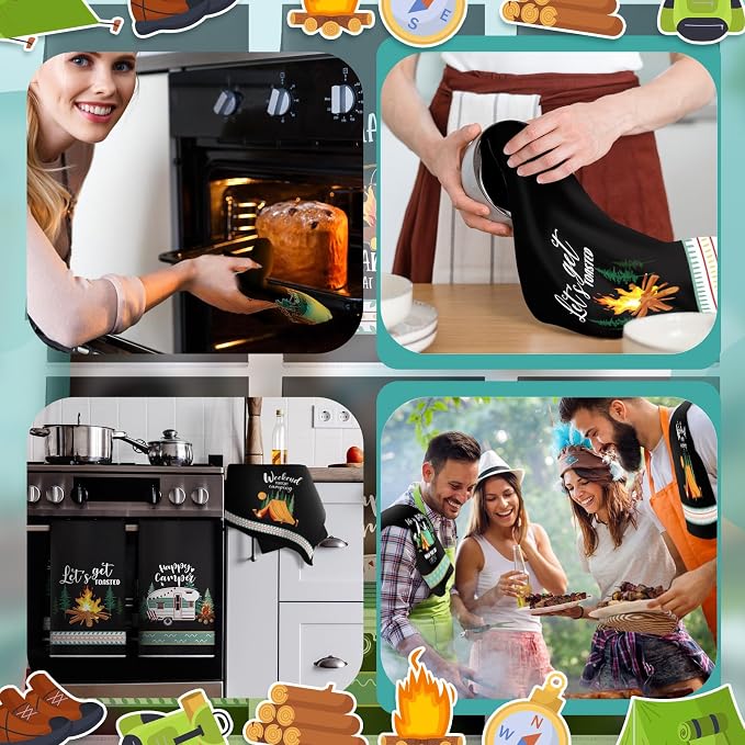 Boyiee 6 Pcs Camping Kitchen Towels Black Absorbent Dishcloth | Bonfire Tent Car Tea Towels with Funny Sayings 24 x 16 Inches Novelty Gifts for Rv Campers Happy Camper Accessories