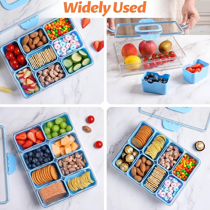 Snackle Box Container Dishwasher Safe Divided Serving Tray with Lid Handle | Charcuterie Board for Portable Snack Platters, Organizer for Fruits Snacks, Perfect for Road Travel - Light Blue