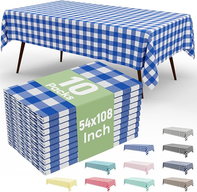 10 Packs Buffalo Disposable Table Cloth, 54 x 108 Inch Waterproof Plastic Tablecloth, Rectangle Blue and White Checkered Table Covers for Picnic, Birthday, Party, Back to School