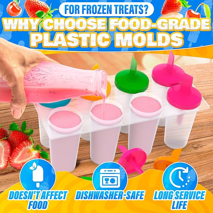 8 Pcs Popsicles Molds Round Set - Reusable Popsicle Molds With Sticks, Multi-Servings & Dishwasher-Safe Popsicle Makers for the Freezer - Ice Pop Mold for Berries, Fruits, Yogurt, Juice & Ice Cream