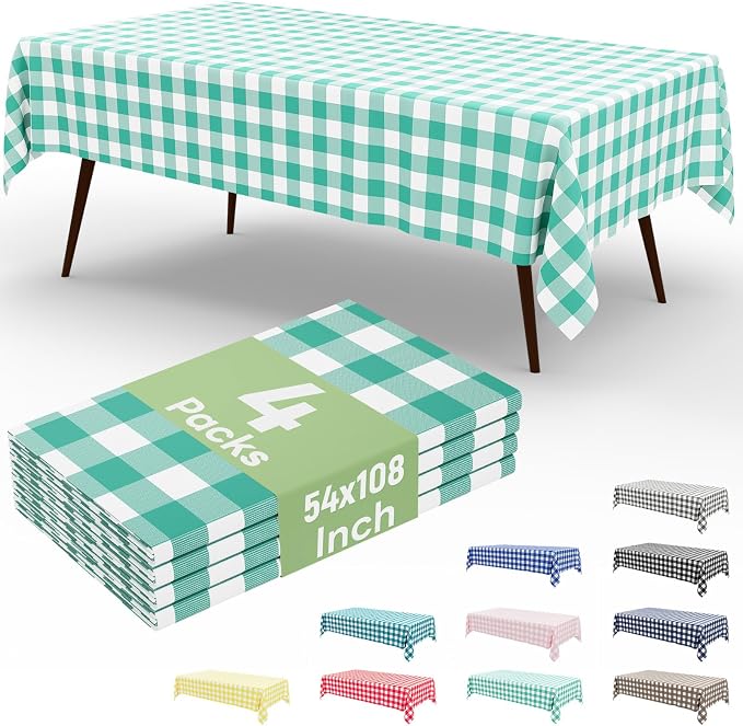 4 Packs Buffalo Disposable Table Cloth, 54 x 108 Inch Waterproof Plastic Tablecloth, Rectangle Teal and White Checkered Table Covers for Picnic, Birthday, Party, Back to School