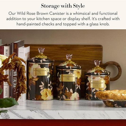 MACKENZIE-CHILDS Enamel Canister, Kitchen Storage Container with Lid, Medium, Wild Rose Brown