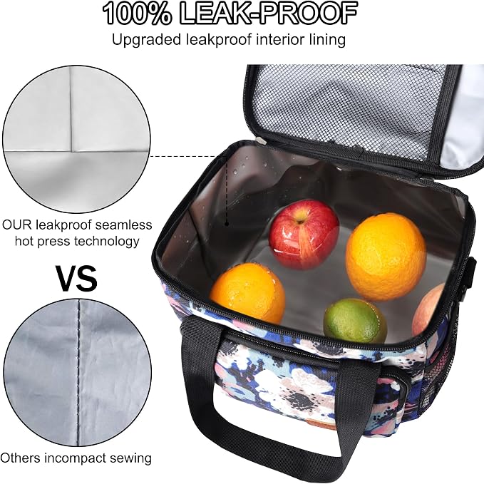 Lunch Bags for Women/Men, Insulated Lunch Bag for Work Office - Lunch Cooler Bag Leakproof Lunch Box with Adjustable Shoulder Strap - Ink foral