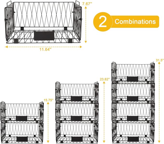 2 PACK XXL Stackable Wire Baskets for Pantry Organization and Storage | Heavy Duty Metal Wire Baskets with Labels,Open Front Pantry Bins for Kitchen,Snacks,Chips,Cans,Potatoes & Produce