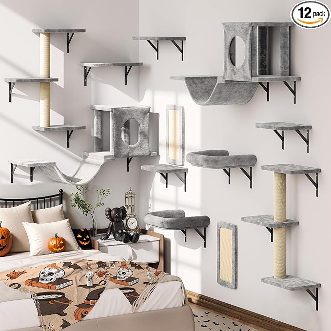 12-in-1 Cat Wall Shelves, Wall Mounted Cat Climber with Condo House, Scratching Post, Bridge Ladder, Space-Saving Indoor Play Furniture for Kittens, Gray