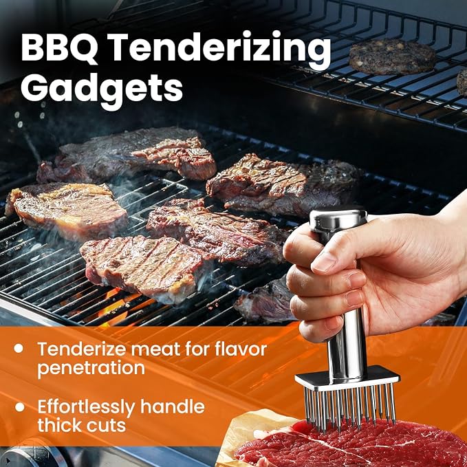 304 Stainless Steel Meat Tenderizer Tool, Sharp Long Needles for Thick Cuts | Square 18-needle head reaches deep into meat for faster marinating, Dishwasher safe, Cover included