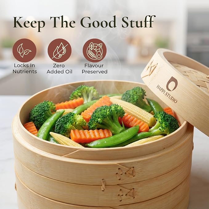 Bamboo Steamer Basket 10-Inch, 2-Tier Dumpling Steamer Cooking | Incl. Silicone Liners, Sauce Dish, Chopsticks - Steam Baskets for Food, Dim Sum, Bao Bun, Rice, Momo, Rice, Vegetables