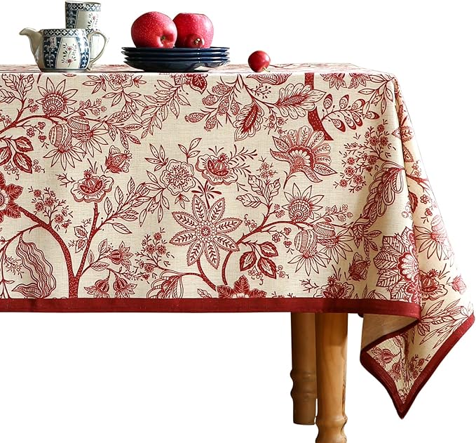 ISAENNE Designer French Linen Square Tablecloth,Red Floral Washable Indoor Table Cloth,Durable Home Decor Tablecloths for Dining Thanksgiving Kitchen Tea Party Christmas,67"*67"-Ruyi A