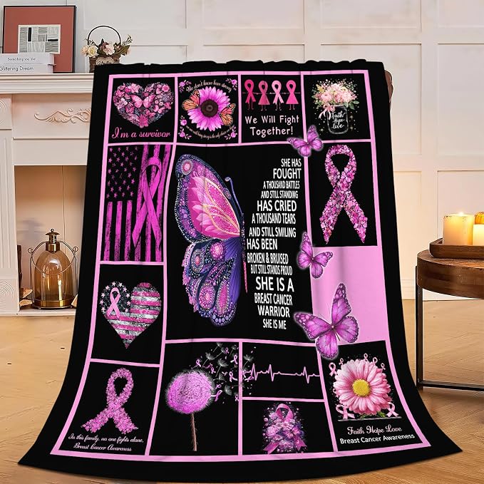 Breast Cancer Awareness Blanket Chemo Pink Ribbon Flannel Plush Throw Blanket Cozy Inspirational Warrior Decor Fleece Stuff Blanket Gifts for Lover Girls Boys Kids Adults Women Bed Travel 50"x60"