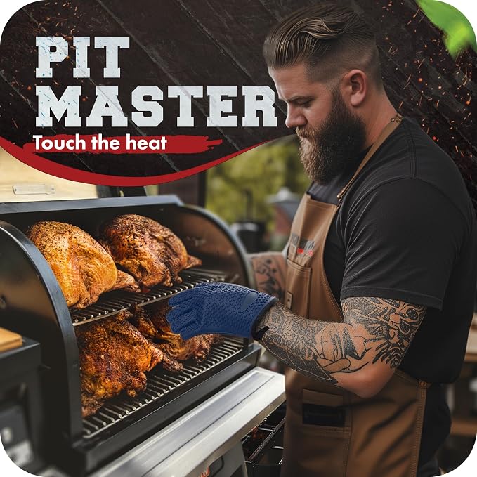 KITCHEN PERFECTION Silicone Smoker BBQ Gloves - Heat Resistant Oven Mitts | Waterproof, 5-Finger Design For A Better Grip, for Pitmasters, Meat Smoking, Grilling, Cooking, Frying Turkey | Grill Gift