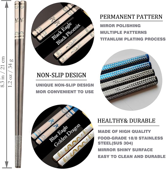 Portable Chopsticks, 2PC Black Eagle,18/8 Stainless Steel | Pull Design Case, Titanium Plated, Reusable, Dishwasher Safe