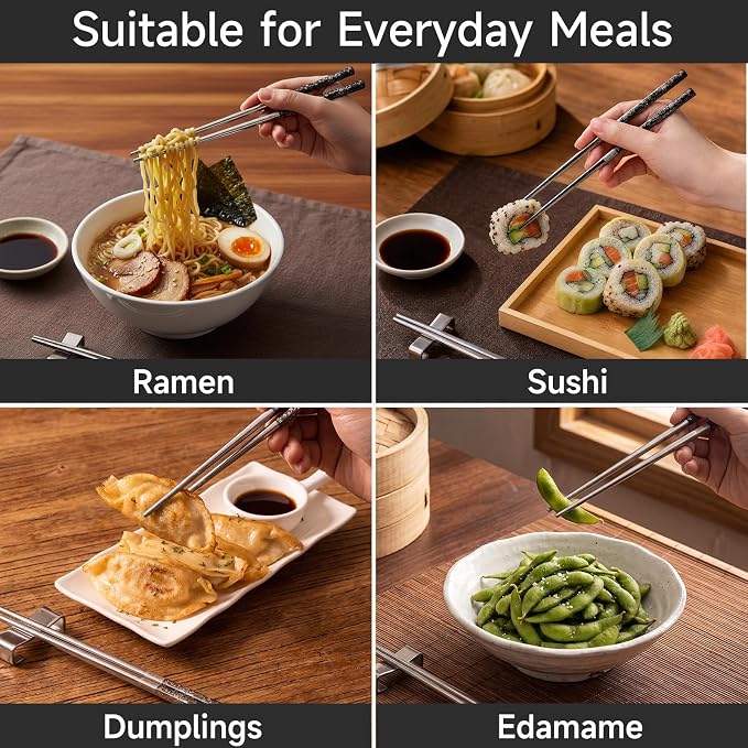 JEETEE Metal Chopsticks, 2 Pairs Stainless Steel with Holder | Titanium Coated, Anti-Slip Design, Reusable,Dishwasher Safe, for Sushi, for Ramen, for Camping, for Party