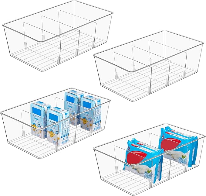 Vtopmart 4 Pack Food Storage Organizer Bins, Clear Plastic, 4 Compartments | For Pantry, Kitchen, Fridge and Cabinet Organization, Organize Food Packets, Snacks, Pouches and Spice Packets