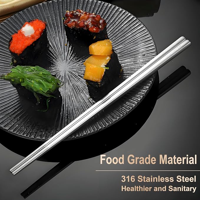 5 Pairs Metal Chopsticks Reusable 316 Stainless Steel Chopsticks Cute Laser Engraved Non-slip Japanese Korean Chinese Chopstick for Cooking Eating Dishwasher Safe 9.5" Chop Sticks Gift Set