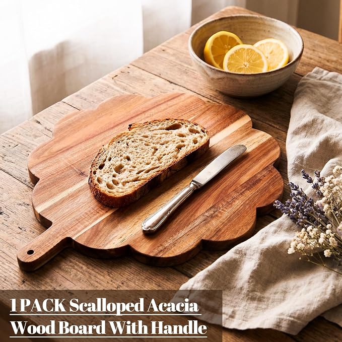 Havawish Scalloped Acacia Wood Boards Wooden Cutting Board for Bread Meat Cutting Boards Fruit Cheese Serving Butcher Block Supplies 11.81 x 11.81 x 0.63 Inches