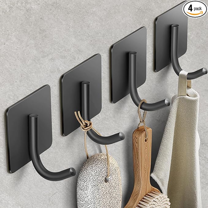 xdgeLoad Adhesive Hooks, 4 Pack Towel Hooks Wall Hooks for Hanging, Stick on Hooks, Adhesive Towel Hooks for Bathroom Door Hanger Kitchen Closet Cabinet Stainless Steel-Matte Dark Gray