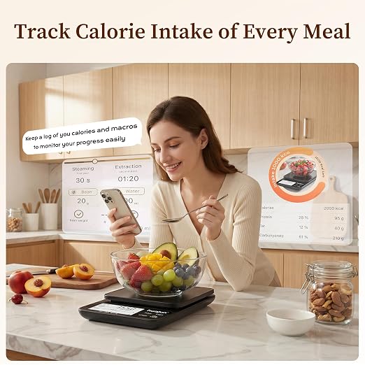 Smart Food Scale with Bluetooth Nutrition Calculator, 0.1g High Precision Digital Kitchen Scale Track 30 Nutrients Calorie Macro, Custom Diet Goals, Barcode Scan 11lb for Meal Prep Weight Loss Keto