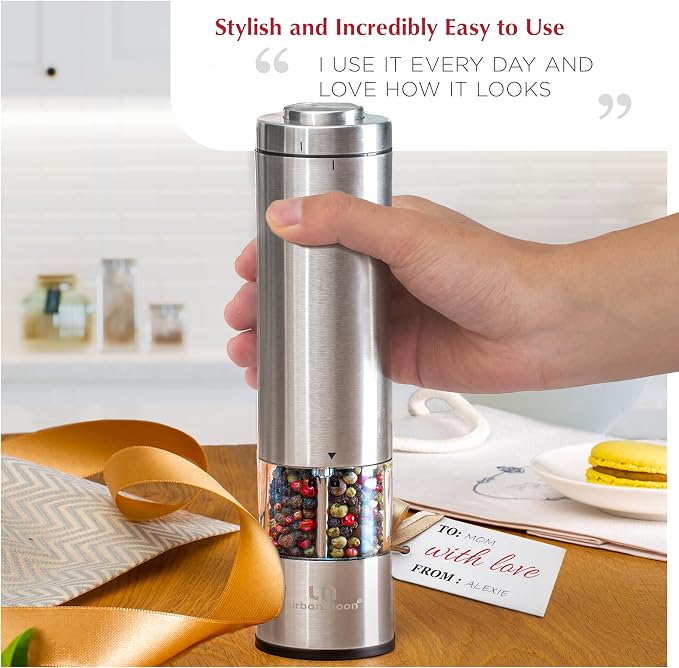 Urban Noon Electric Salt or Pepper Grinder (1 Mill, 8.1" Tall) - One-Handed Push-Button Mills with LED Light, Adjustable Ceramic Coarseness, Gift-Ready Box, 1-Year Warranty - Stainless Steel