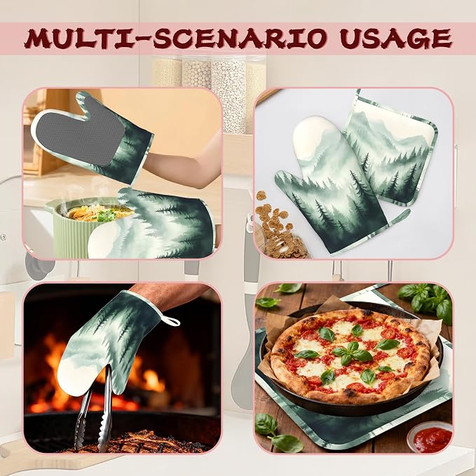 Misty Forest Mountain Heat-Resistant Silicone Oven Mitts and Pot Holders,Long Oven Gloves with Non-Slip Grip for Cooking, Baking, Grilling,BBQ