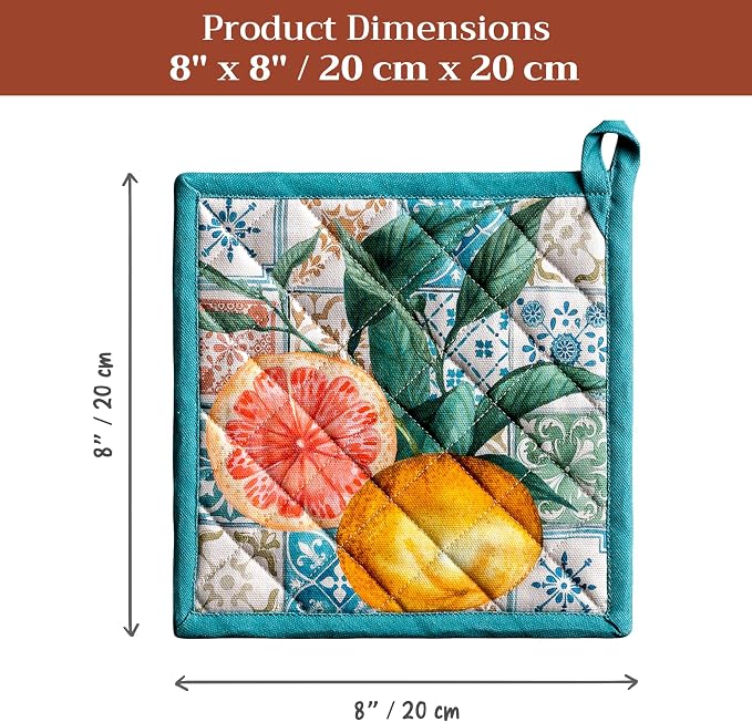 Maison d' Hermine Pot Holders 100% Cotton Potholders (8" x 8", Pack of 1) | Heat Resistant Hot Pads with Loop BBQ Cooking Baking Farmhouse Kitchen Handling Hot Pans Spring Summer - Agrume