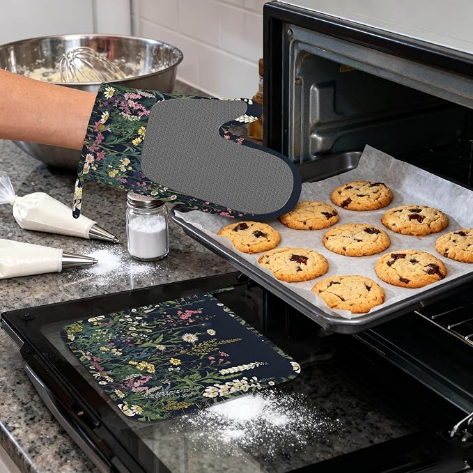 Wildflower Spring Floral Garden Flowers Oven Mitts and Pot Holders (4PCS),Heat Resistant Non-Slip Silicone Kitchen Gloves for Cooking, Baking, BBQ Waterproof Kitchen Accessories