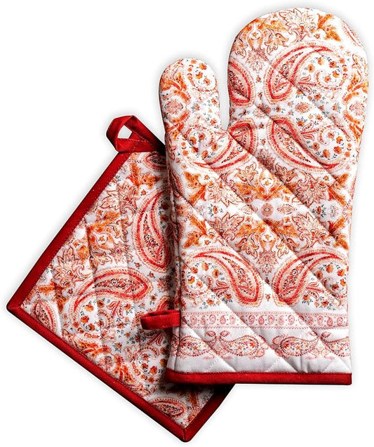 Maison d' Hermine 100% Cotton Oven Mitt & Pot Holder Set (7.5"x13" & 8"x8") | Heat Resistant BBQ Cooking Gloves with Loop Baking Grilling Kitchen Hotel Home Farmhouse Thanksgiving Christmas - Orient