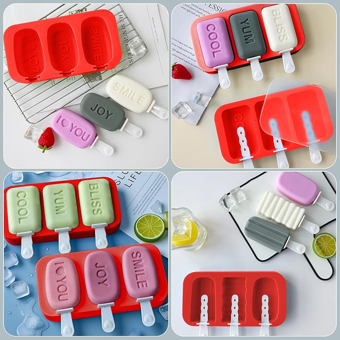 3-Pcs Silicone Ice Popsicle Molds, 9 Cavity Cake Pop Molds, BPA Free Cakesicle Molds Silicone, Reusable Ice Cream Molds for Toddler, Kids, Adults (Red)
