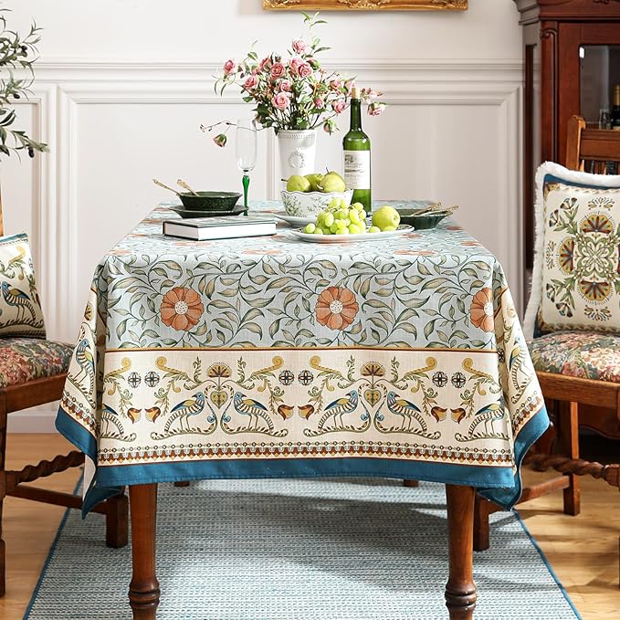 patdrea Designer French Linen Blue Tablecloth for Rectangle Table,Vintage Floral Table Cloth,Colorful Decoration Fall Cover Kitchen Dining for Thanksgiving,Tea Party,Christmas,63"x87"-Wensel